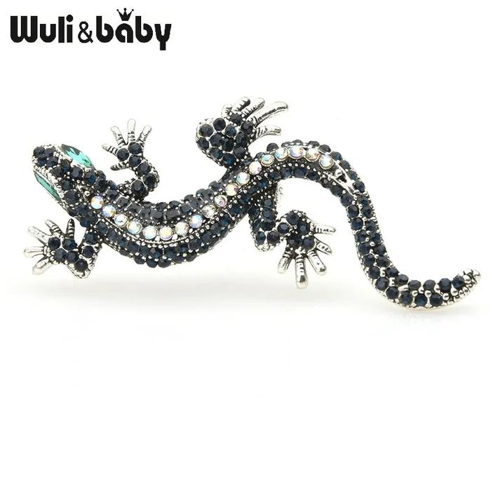 Wuli&baby Blue Rhinestone Gecko Brooches Women Men Lovely Metal