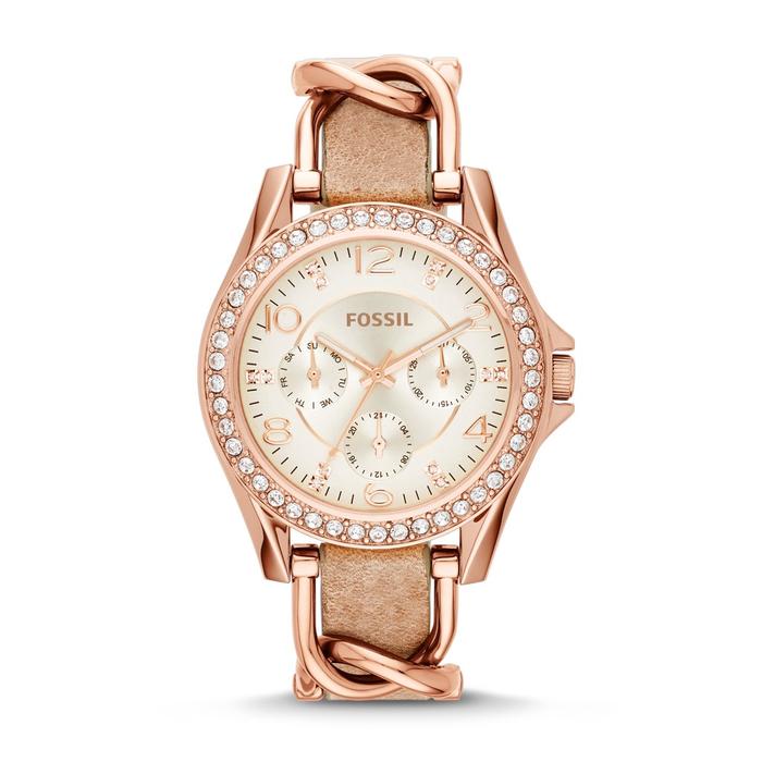 Fossil Riley Multifunction Rose-Tone & Sand Leather Watch Woman ES3466