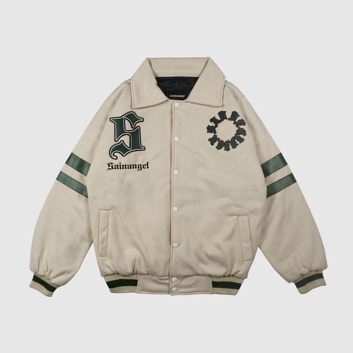 Sainangel Varsity Stipe Basic Cream jaket baseball wanita pria terbaru