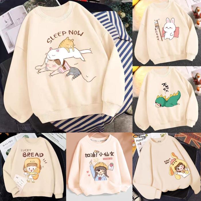 CREAM SERIES SWEATER CREWNECK WANITA GAMBAR KARTUN LUCU CREAM (V1)