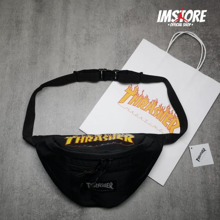 Waistbag Thrasher Flame Logo Waist Bag Black With paperbag tas pinggan