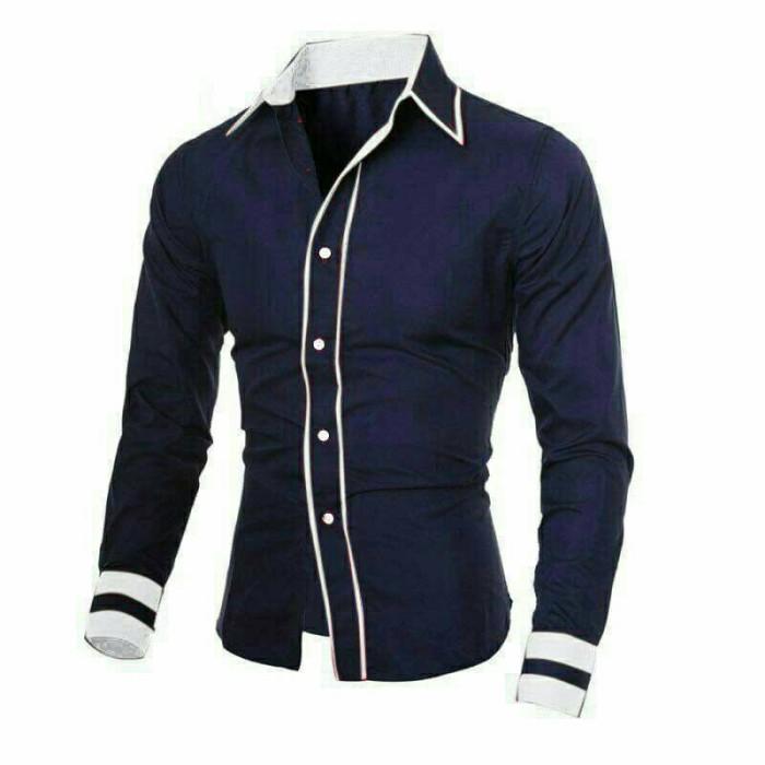 Kemeja List Rivaldo Navy Hem Cowok