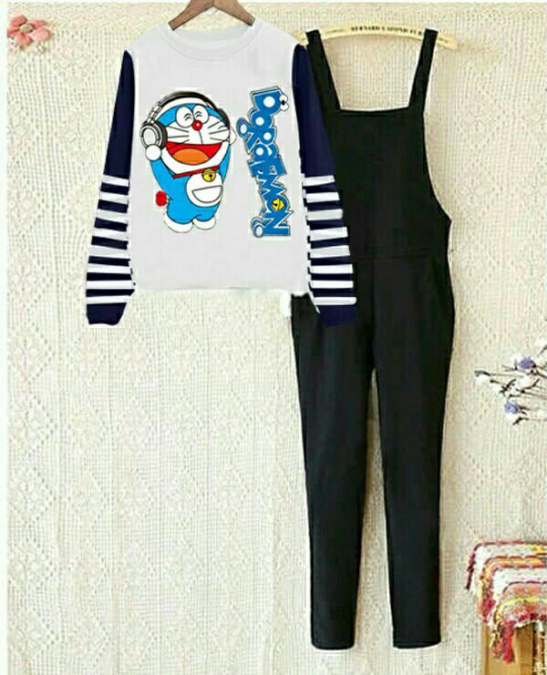 Baju Wanita Pakaian Perempuan Jumpsuit Overall Doraemon Music Set