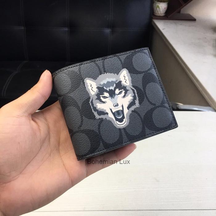 COACH Men's Short Wallet In Signature Charcoal with Wolf Print