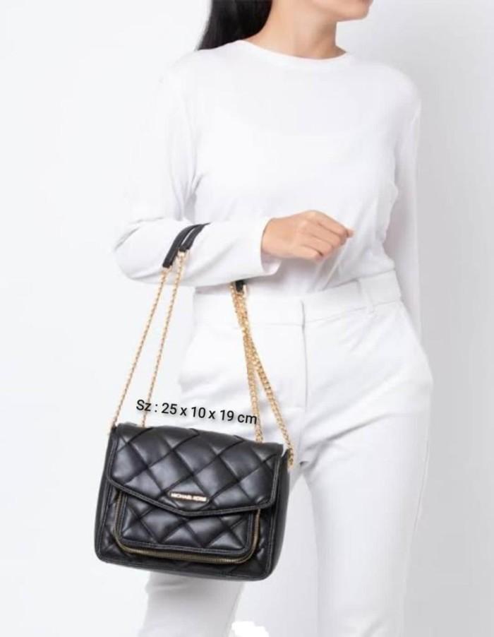 Tas branded ori mk Regina Medium Woven Flap Shoulder Bag Black