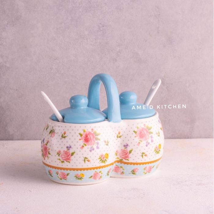 Tempat Bumbu Duo + Sendok Keramik Shabby Blue