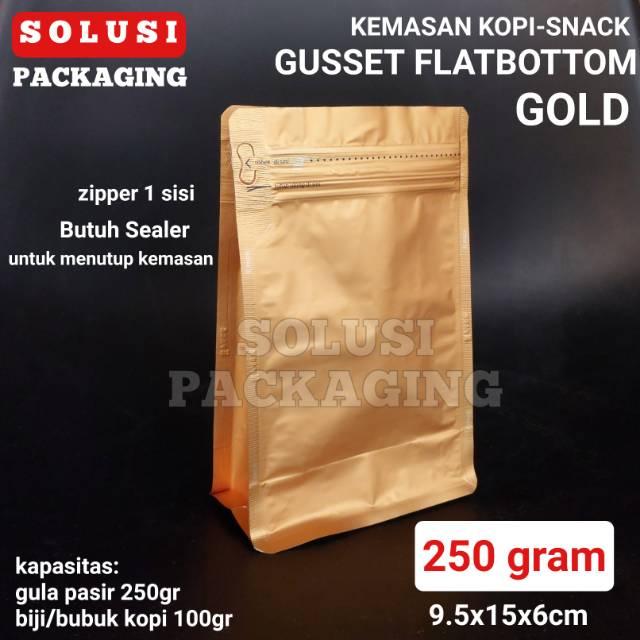 100 Pcs Flatbottom Pouch Gold 250Z Kemasan Kopi Aluminium Foil 100 Gr