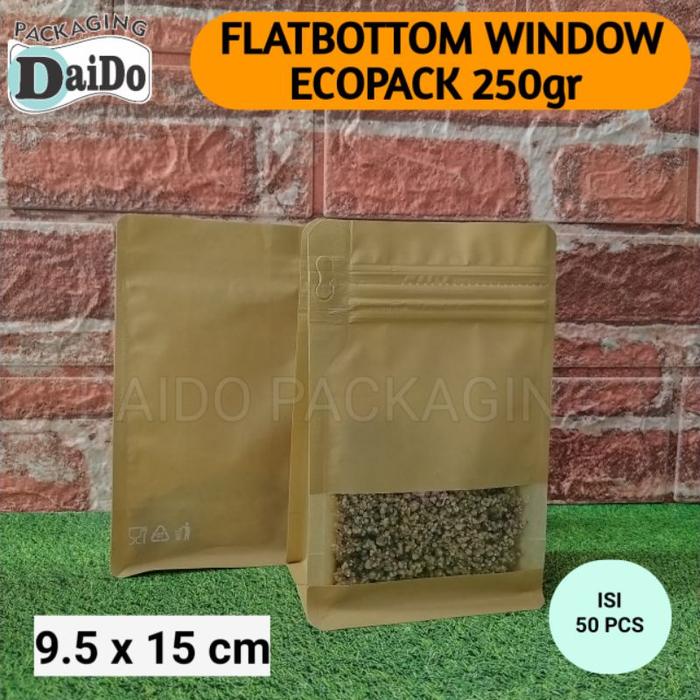 Isi 50 Flat Bottom Ecopack Window 250G Fb Kpack Kemasan Kopi