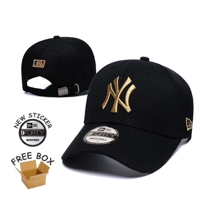 Topi Strapback Baseball Cap NY New York Yankees Black Gold IMPORT