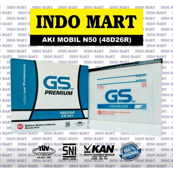 Aki Mobil PREMIUM ORIGINAL N50 48D26R Aki Basah 12V 50Ah