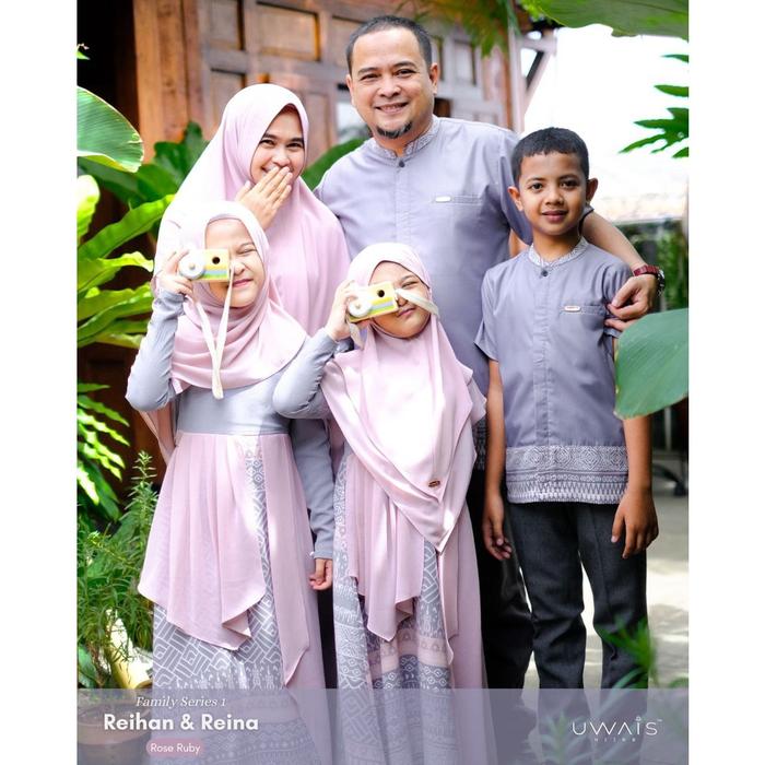 BAJU GAMIS COUPLE REINA DRESS UWAIS HIJAB PRINT MOTIF LEBARAN 2023 SET