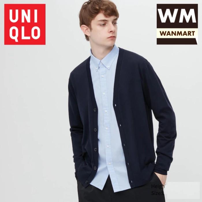 UNIQLO Men Cardigan Pria Extra Fine Merino Lengan Panjang Navy