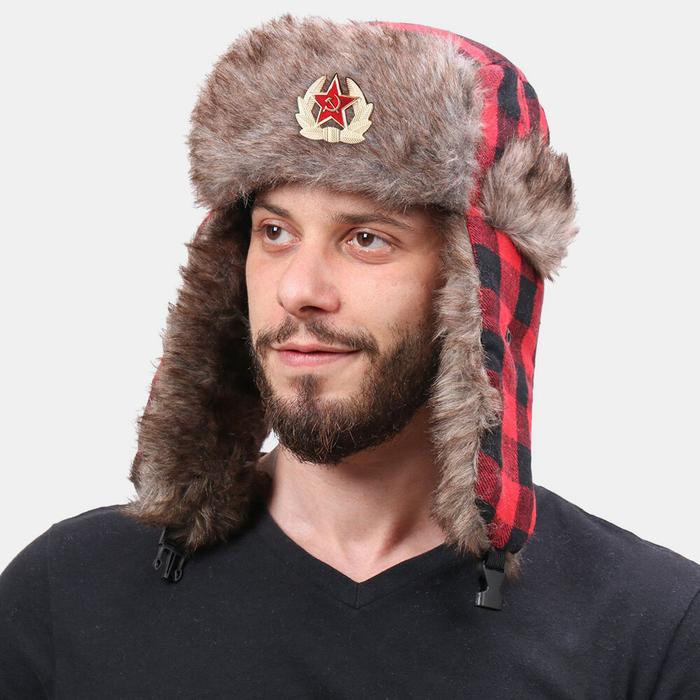 YCY Men Plaid Soviet Badge Windproof Waterproof Ushanka Hat Ou