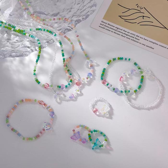 Gelang Tangan Cincin Kalung Manik-Manik Kristal Butterfly Warna-Warni
