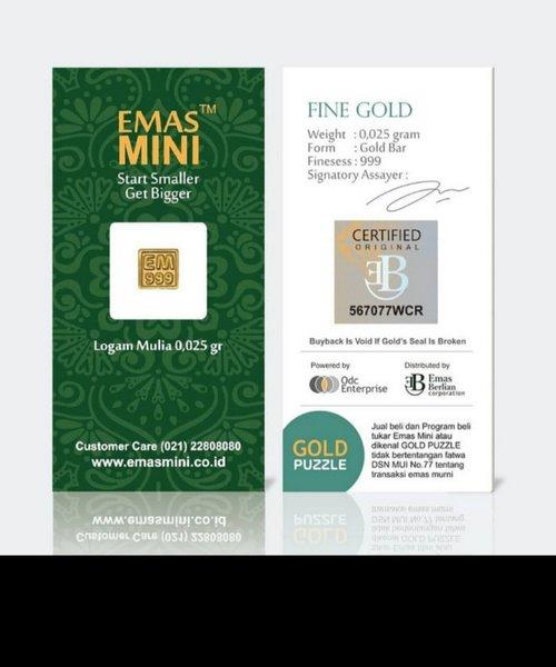 mini gold 0.025 gram ANTAM Quality plus Sertifikat