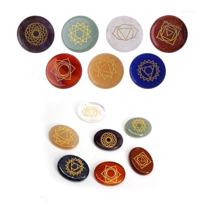 7 Pcs Batu Kristal Chakra Reiki Healing Ukiran Simbol Balance Stones