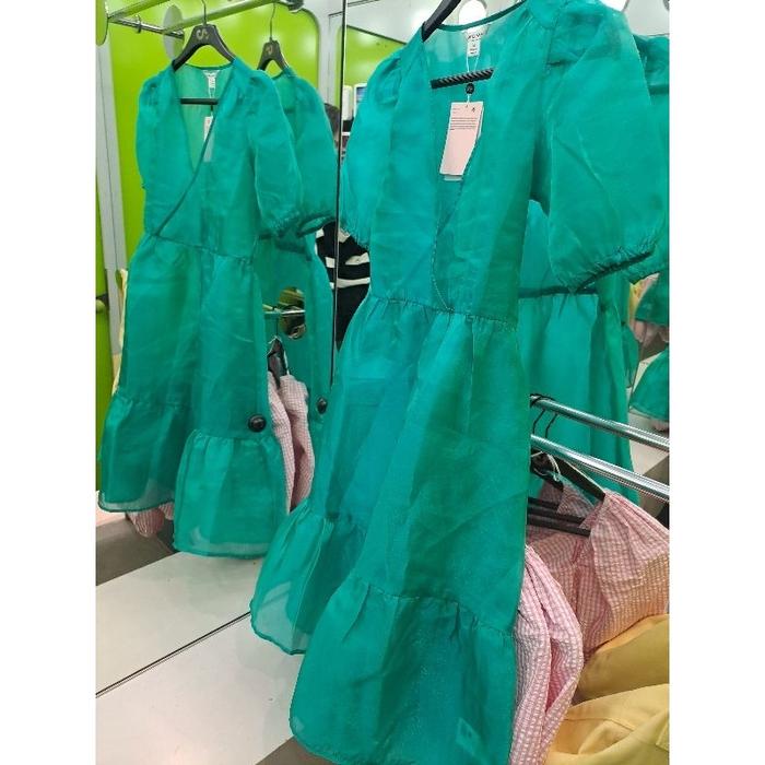 Monki monkl tosca organza piffy dress wanita hijau toska lenvan balon