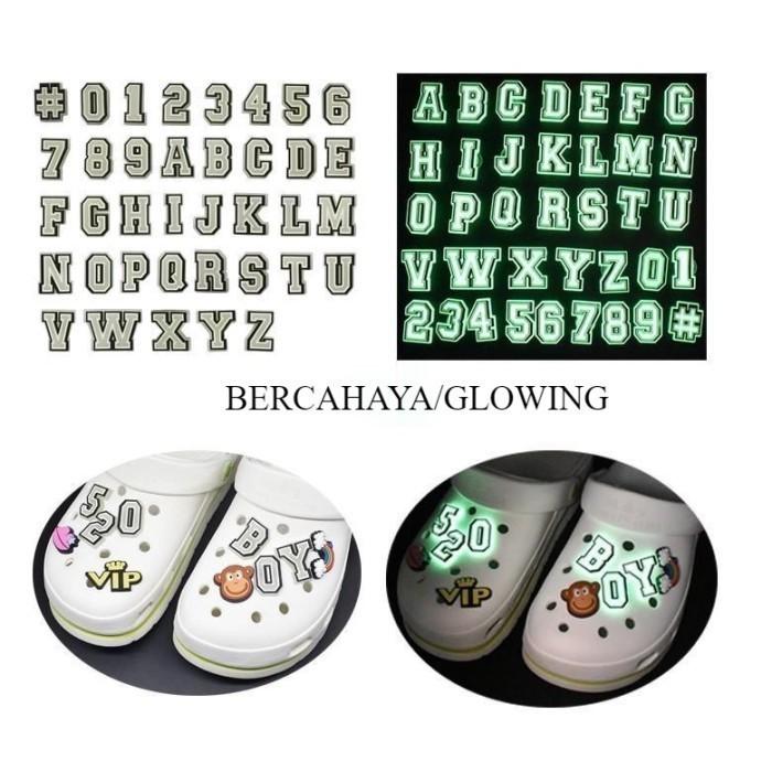 (Bercahaya) Crocs Jibbitz Pin Sandal Bentuk Angka Huruf Glowing Baru