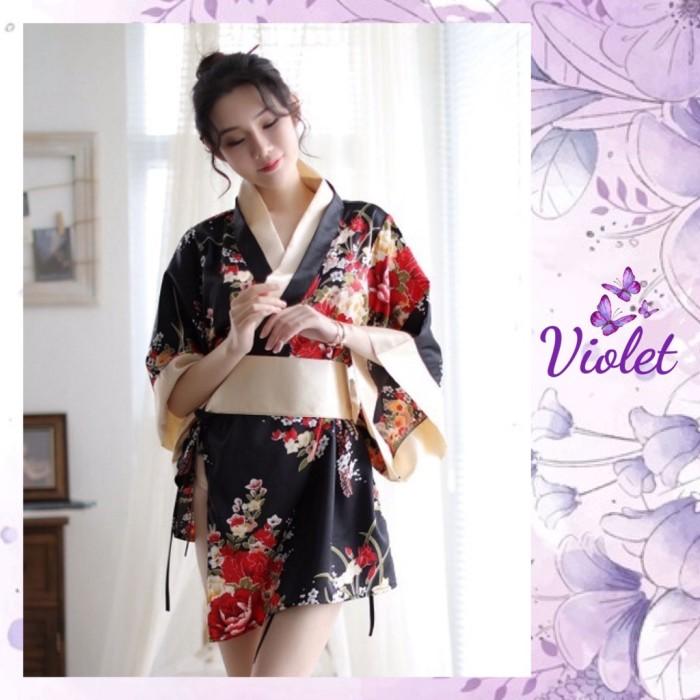 obl violet set lingerie sexy + g string model kimono satin jepang 1146