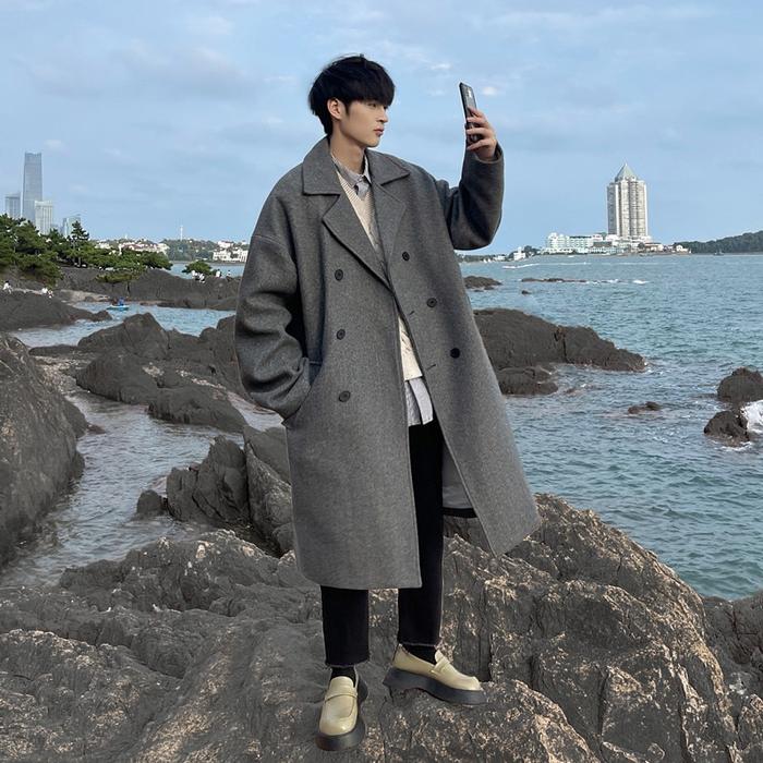 jubah blazer panjang pria keren long coat selutut terbaru Abu XL
