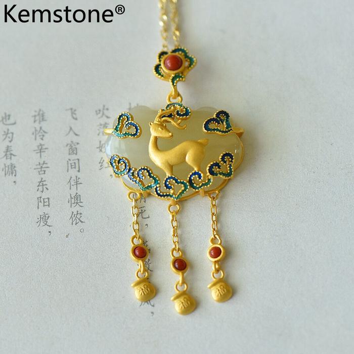 Kemstone Kalung Liontin Giok Lapis Emas 24K, Kalung Liontin Giok Besi