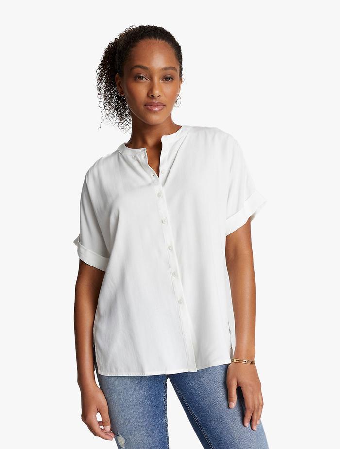 TOMMY HILFIGER - Kemeja Wanita - SOLID SHORT-SLEEVE COLLARLESS BLOUSE