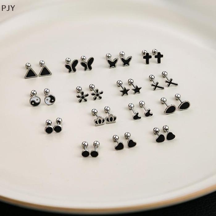 4 Pcs Pjy Anting Tusuk Silver Hitam Hati Bintang Bulat Kecil Untuk