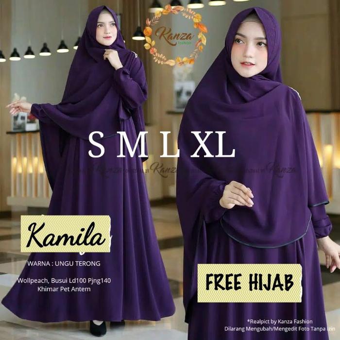 Kamila - Gamis Syari M L Xl Busui Jumbo Warna Polos Ungu Terong Hijau