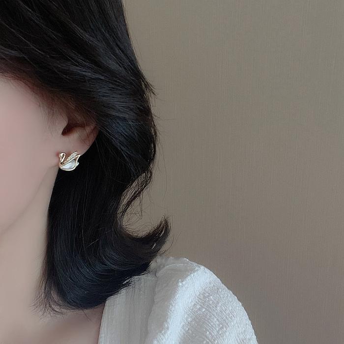 S925 Perak Emas Keanggunan Angsa Anting Pejantan Opal