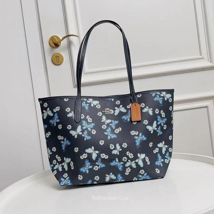 COACH City Tote Bag with Butterfly Print In Midnight Blue