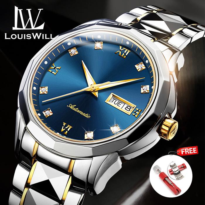 Top LouisWill Jam Tangan Kuarsa Untuk Pria, Arloji Strip Baja Komersia