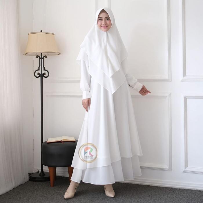 Gamis Putih Syari Set Khimar Bahan Ceruti Babydoll