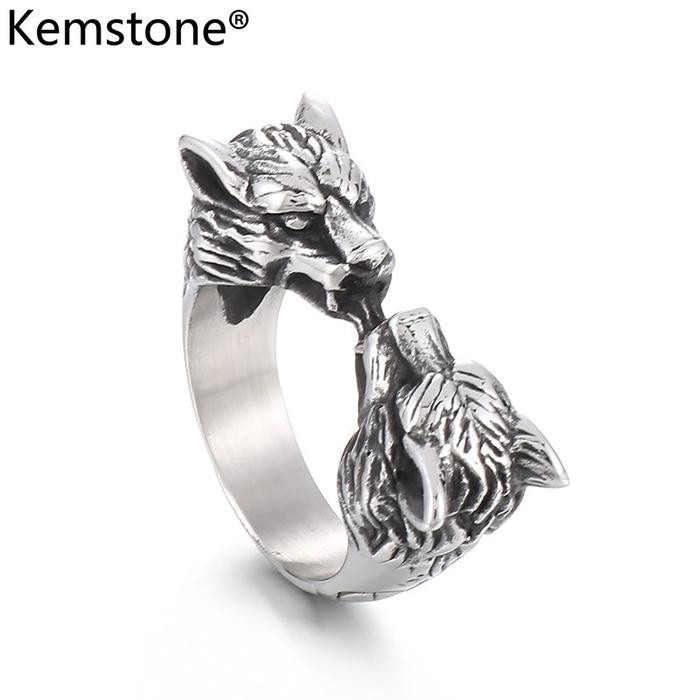 Kemstone Cincin Serigala Serigala Ganda Baja Titanium, Perhiasan Untuk