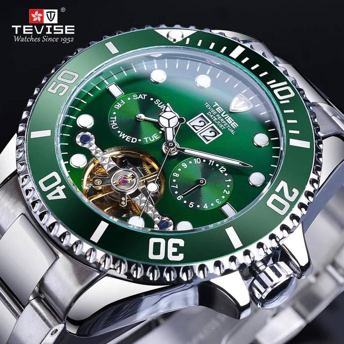 Tevise Tourbillon Automatic Watch Design Black Gold Waterproof Calenda