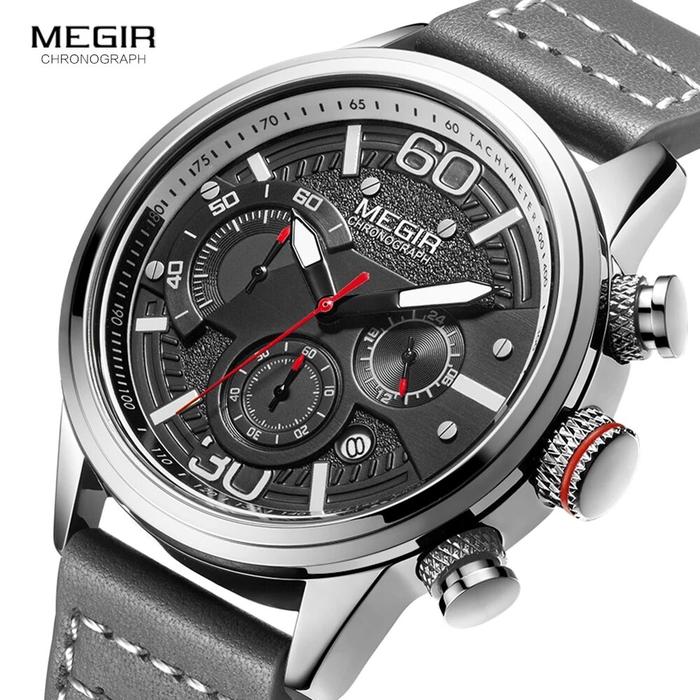 Megir Men's Chronograph Watch Luxury Leather Strap Quartz Watch Men's