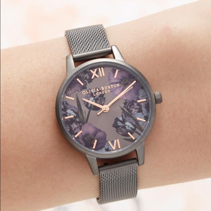 Olivia Burton Round analog Gun Sunray and Floral Dial Ladies Watch