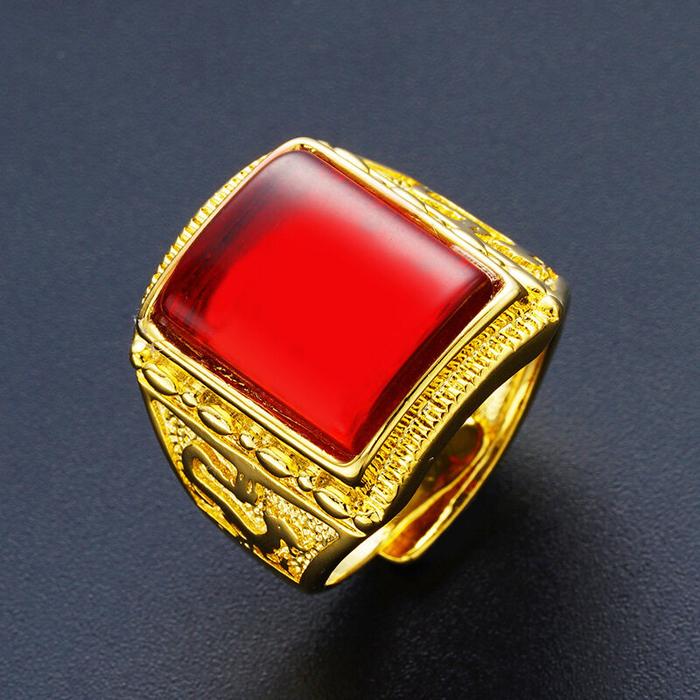 Cincin Warna Emas Antik Pria, Merah Besar Batu Hijau Kotak Warna Emas