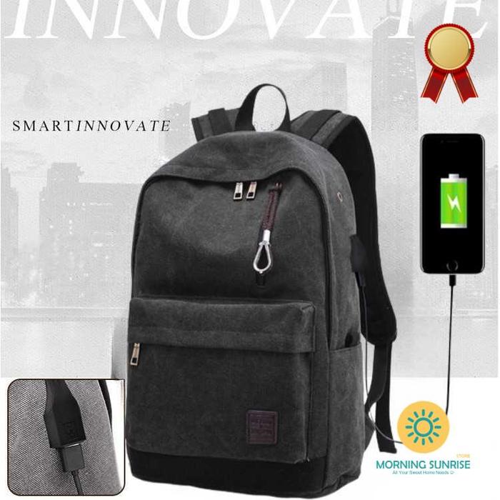 Tas Ransel Canvas Backpack with Headset and USB Port [Hitam]