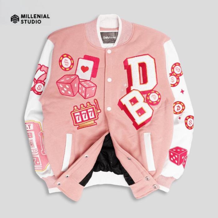 VARSITY JACKET LUCKY PINK GREEN | JAKET VARSITY KERAH BORDIR ORIGINAL