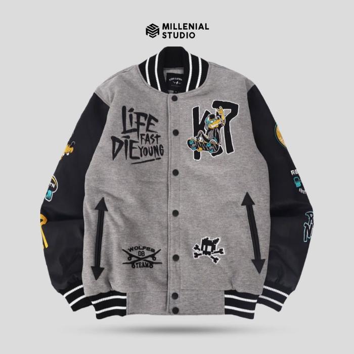 Varsity Jacket Wolf Skate Grey Misty Kubik Rebel | Millenial Studio