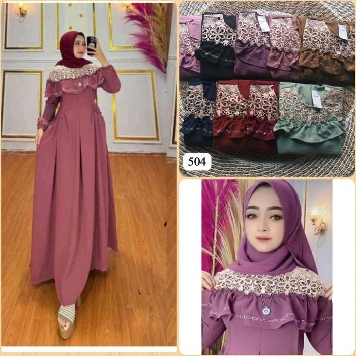 Diskon!! Baju Gamis Muslimah Raya Dress Crinkle Renda Import Silahkan