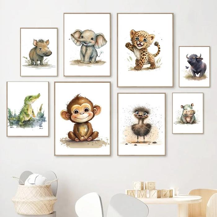 Baby Animals Elephant Monkey Leopard Ostrich Wall Art Canvas Print