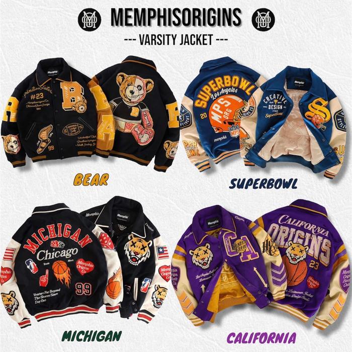 VARSITY JACKET MEMPHISORIGINS - SUPERBOWL, CALIFORNIA, MICHIGAN, BEAR