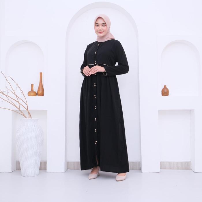 Terbagus Abaya Outer Hitam List Gold Gamis Polos Bahan Jetblack saudi