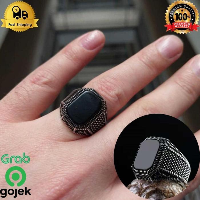 Cincin Pria Batu Akik Hitam Onyx Natural Titanium Silver Fashion C549