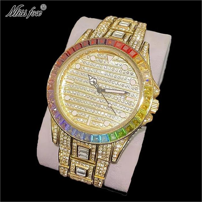Jam Tangan Pria MISSFOX Luxury Gold Watches Men Iced Out Hip Hop