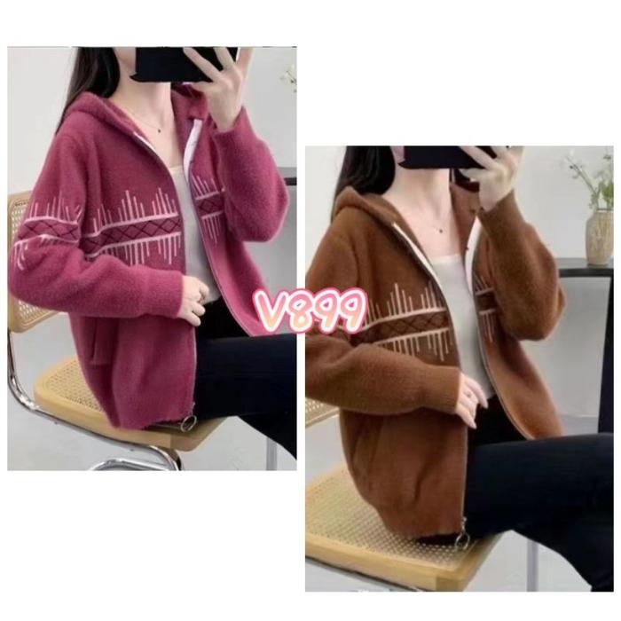 produk baru Jaket Hoodie Sweather Rajut Bulu Topi Zipper V899 SILAHKAN