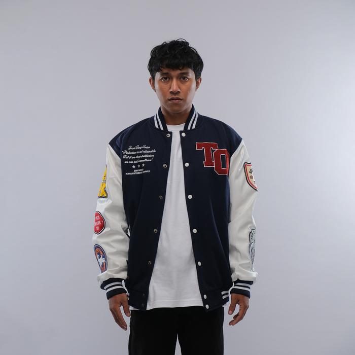 produk baru Throox Bomber Varsity Jacket Biru || THRX Hannibal Navy