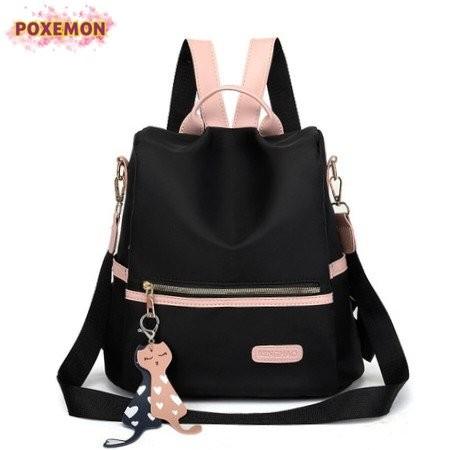 TAS RANSEL ANTI AIR BACKPACK WANITA HITAM PINK MOTIF KUCING IMPORT
