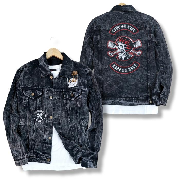 ROCAFELA - Jaket Jeans Denim Trucker Skull Snow Wash Patch Bordir -